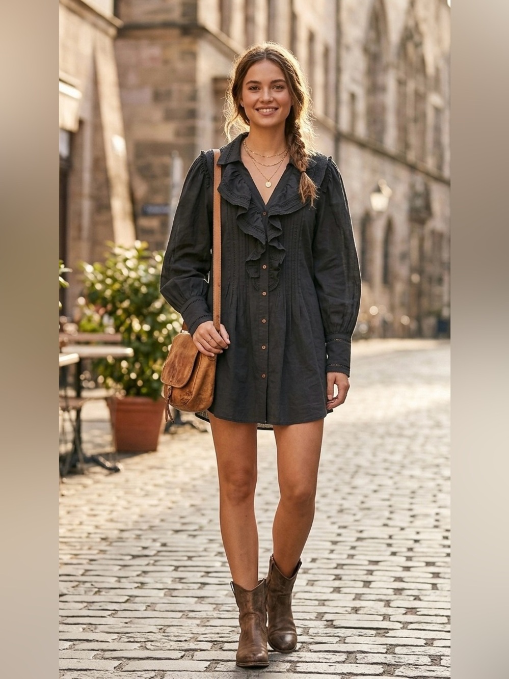 Free People Black Ruffle Tuxedo Puff Sleeve Mini Shirt Dress Gauze Cotton S